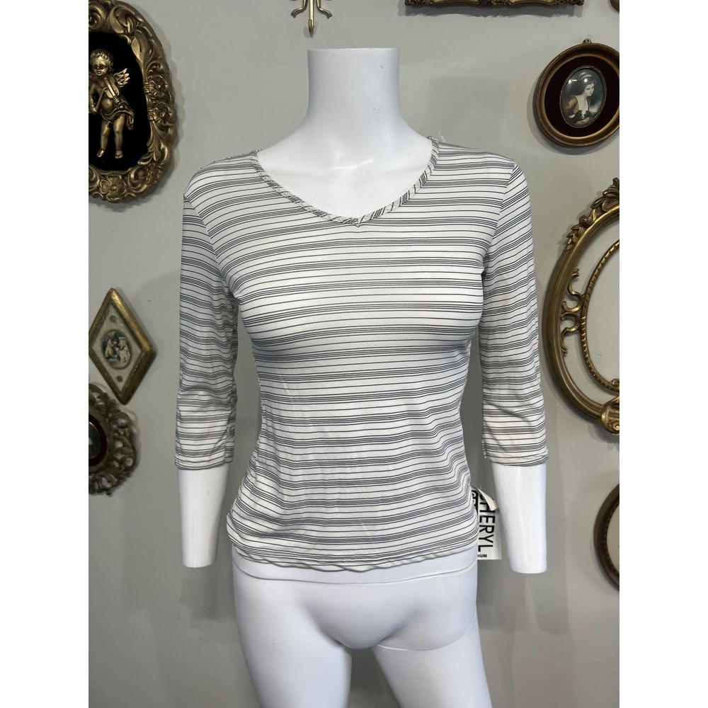 Cheryl Creations White & Black Striped V-Neck Top Size M